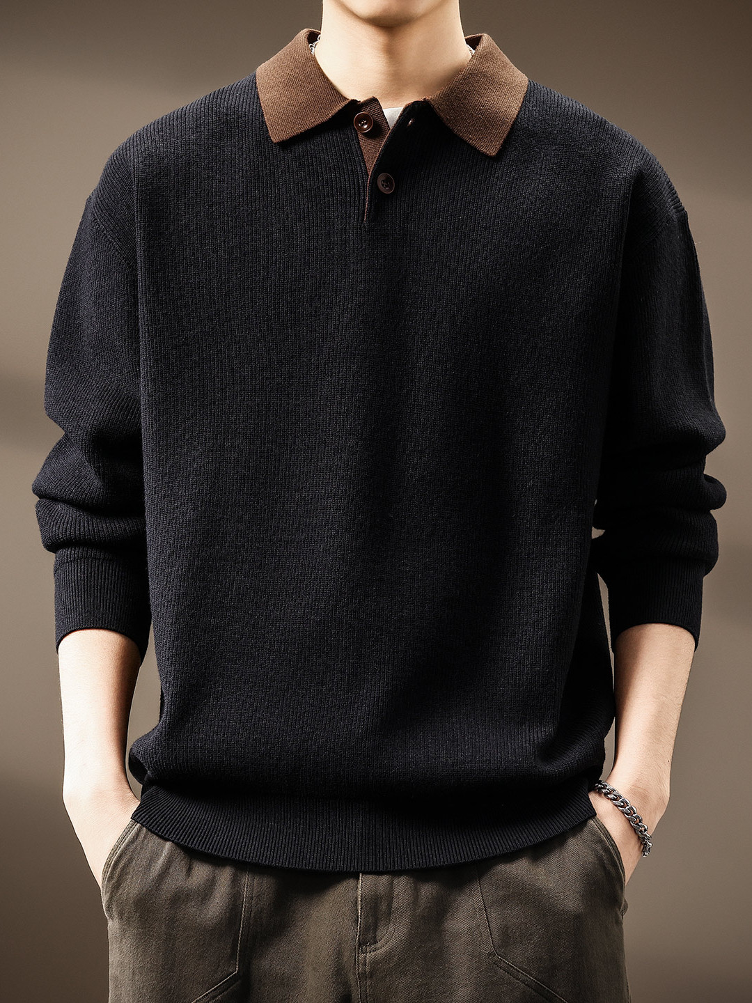 高端重磅绵羊毛混纺保暖毛衣男2025秋冬新款宽松撞色百搭Polo上衣