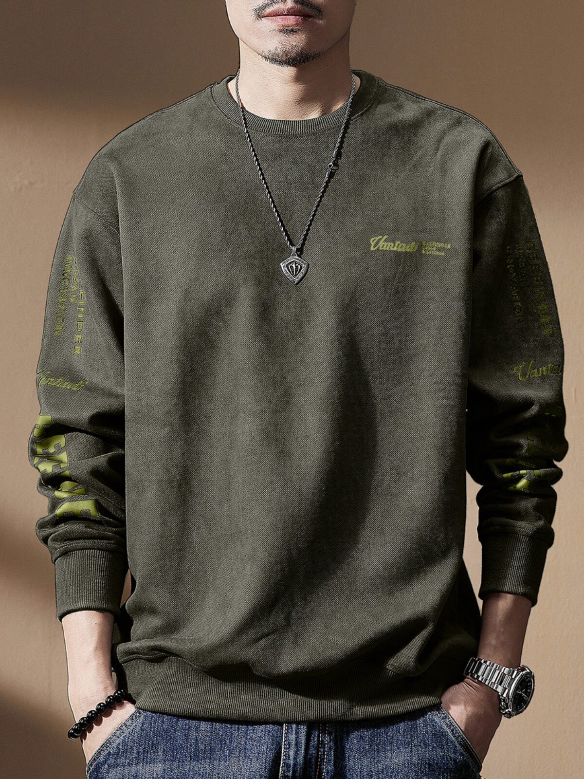 가을 남성용 하이 엔드 헤비급 380G 스웨이드 라운드 넥 스웨트 셔츠 플러스 벨벳 트렌디 브랜드 루즈 대형 미국 긴팔 남성 의류