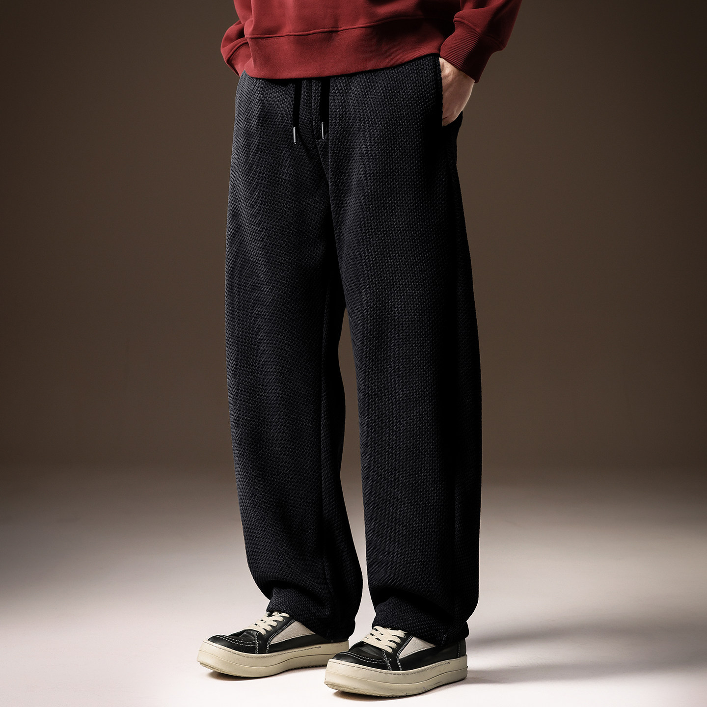 高端美式复古垂感针织休闲裤男冬季加绒重磅厚款宽松直筒卫裤子男