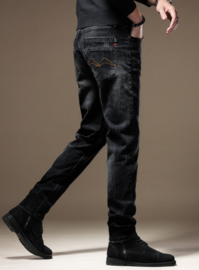 美式休闲重磅复古水洗裤子男秋季加绒直筒休闲高端黑色男士牛仔裤