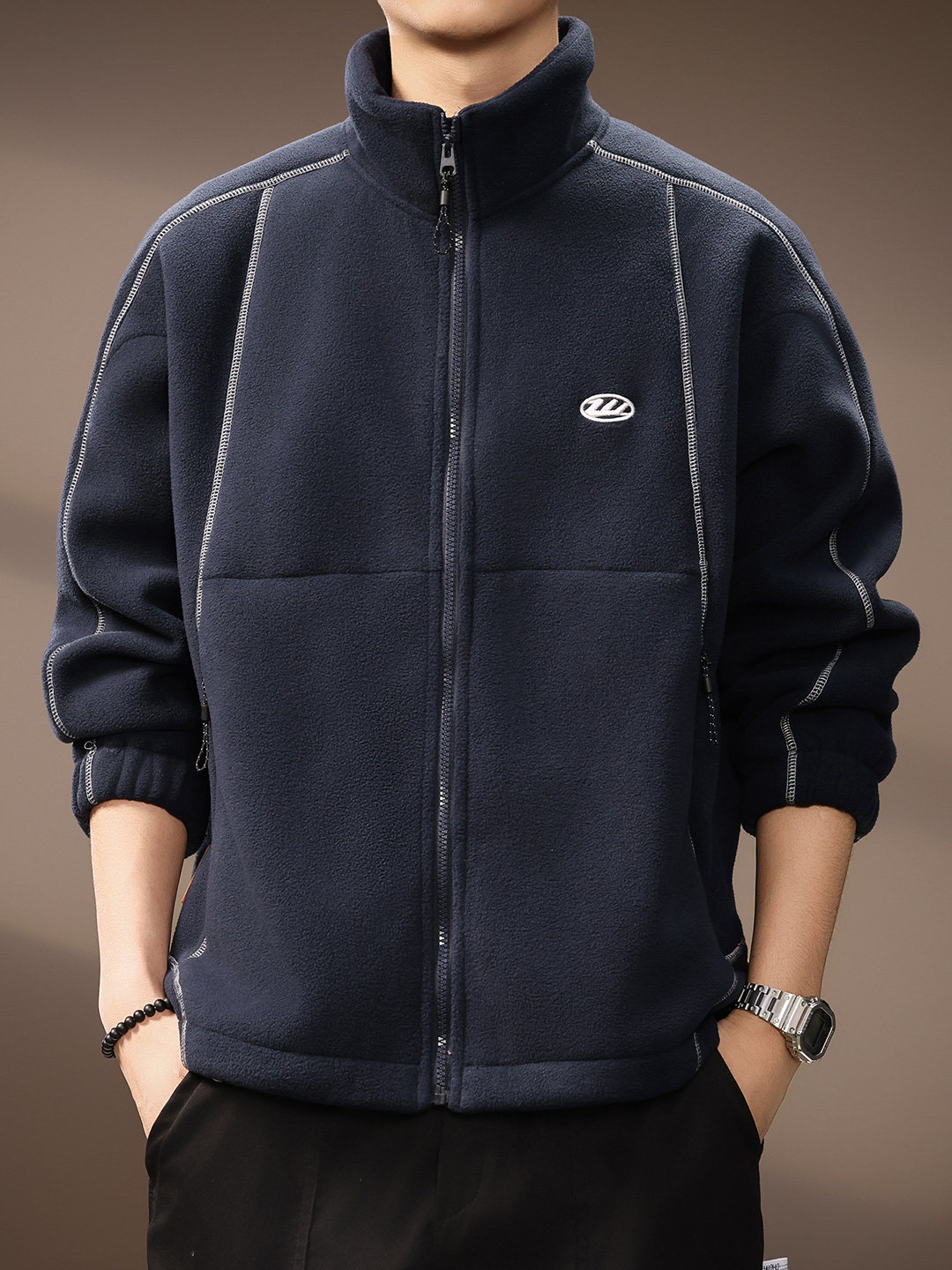 高端美式摇粒绒明线设计立领外套男秋冬新款条纹拼接宽松百搭夹克,男装,夹克,淘宝优惠券,粉丝福利购,淘宝优惠卷