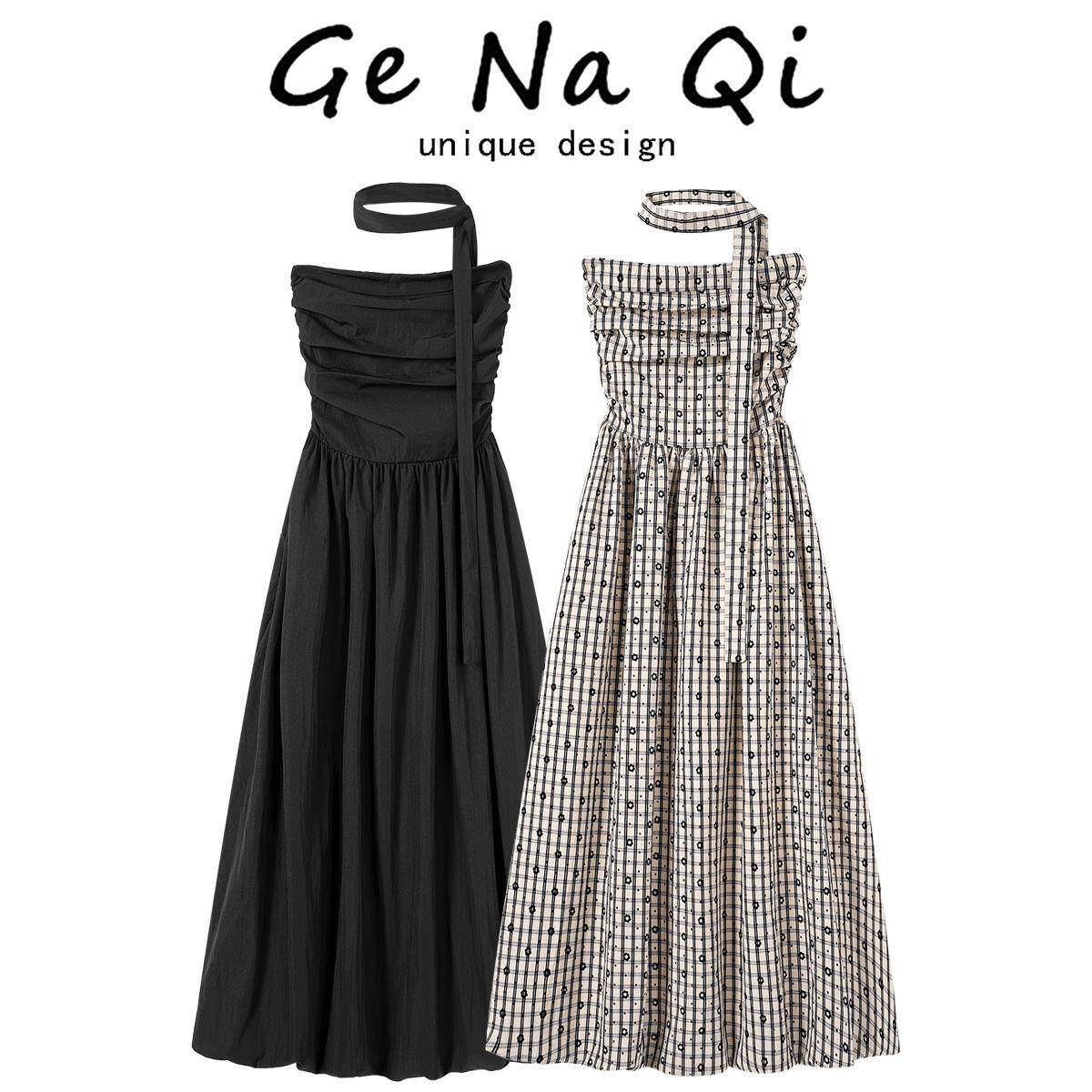 GeNaQi撞色格子立体小花显瘦连衣裙女春季新款别致系带抹胸花苞裙