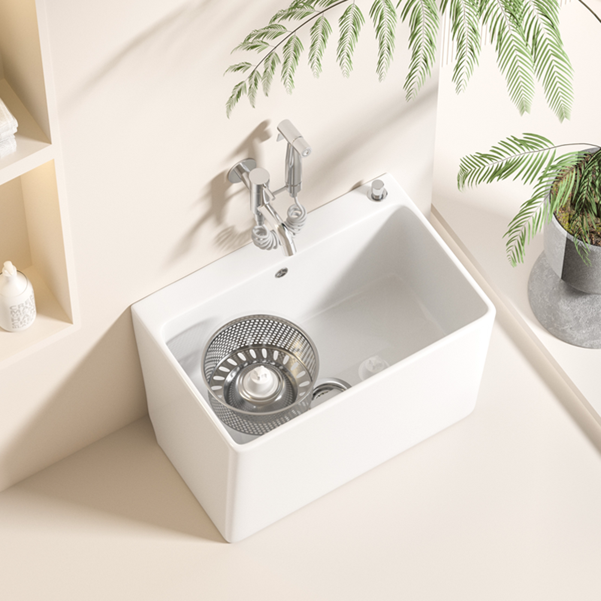 陶瓷拖把池方形阳台拖布池墩布池双驱动地拖盆旋转拖把桶侧排污大