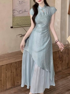 优雅复古高级感旗袍 大码 国风改良蓝色连衣裙夏季 KATTERLLG新中式