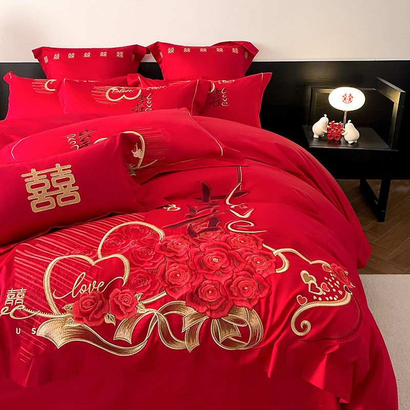 结婚四件套大红色婚庆六件套全棉刺绣床单被套喜被新婚嫁床上用品,床上用品,婚庆床品套件,淘宝优惠券,粉丝福利购,淘宝优惠卷