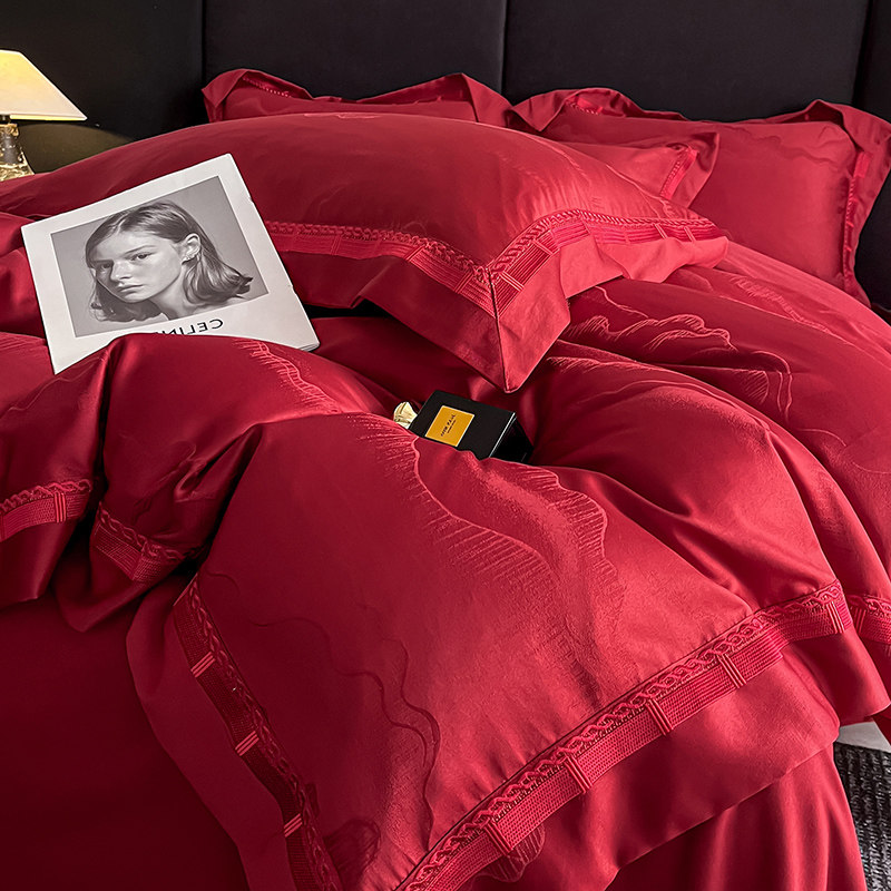 高级感提花结婚四件套大红色婚庆床单被套罩喜被婚床婚嫁床上用品,床上用品,婚庆床品套件,淘宝优惠券,粉丝福利购,淘宝优惠卷