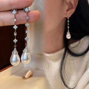 法式小香风精致气质中长款流苏澳白水滴珍珠耳环耳线灵动仙女耳饰