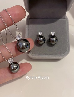 高级感s925纯银戴妃珍珠项链气质简约施家大溪地黑珍珠耳钉耳饰女