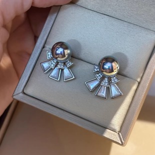 轻奢精致气质极光银蓝真多麻珍珠耳钉前后戴天然白贝扇形耳环耳饰