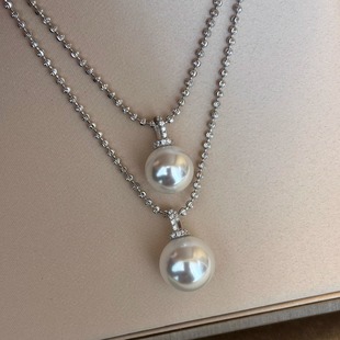 高级感气质人造绸缎冷光澳白珍珠单吊坠项链s925银意大利钻石链女