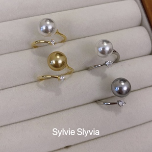 夏季轻奢气质S925纯银单颗施家珍珠戒指镶钻简约交叉叠戴开口戒