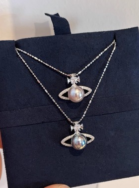 s925银土星珍珠吊坠气质锁骨项链