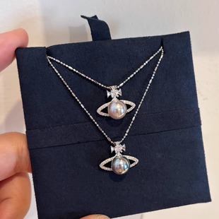 s925银土星星球极光银蓝曼塔玫瑰粉珍珠吊坠项链精致气质锁骨链