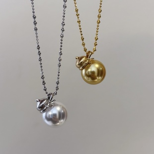 新中式 显贵气质人造澳白金珠珍珠葫芦吊坠项链闪珠毛衣链s925银女