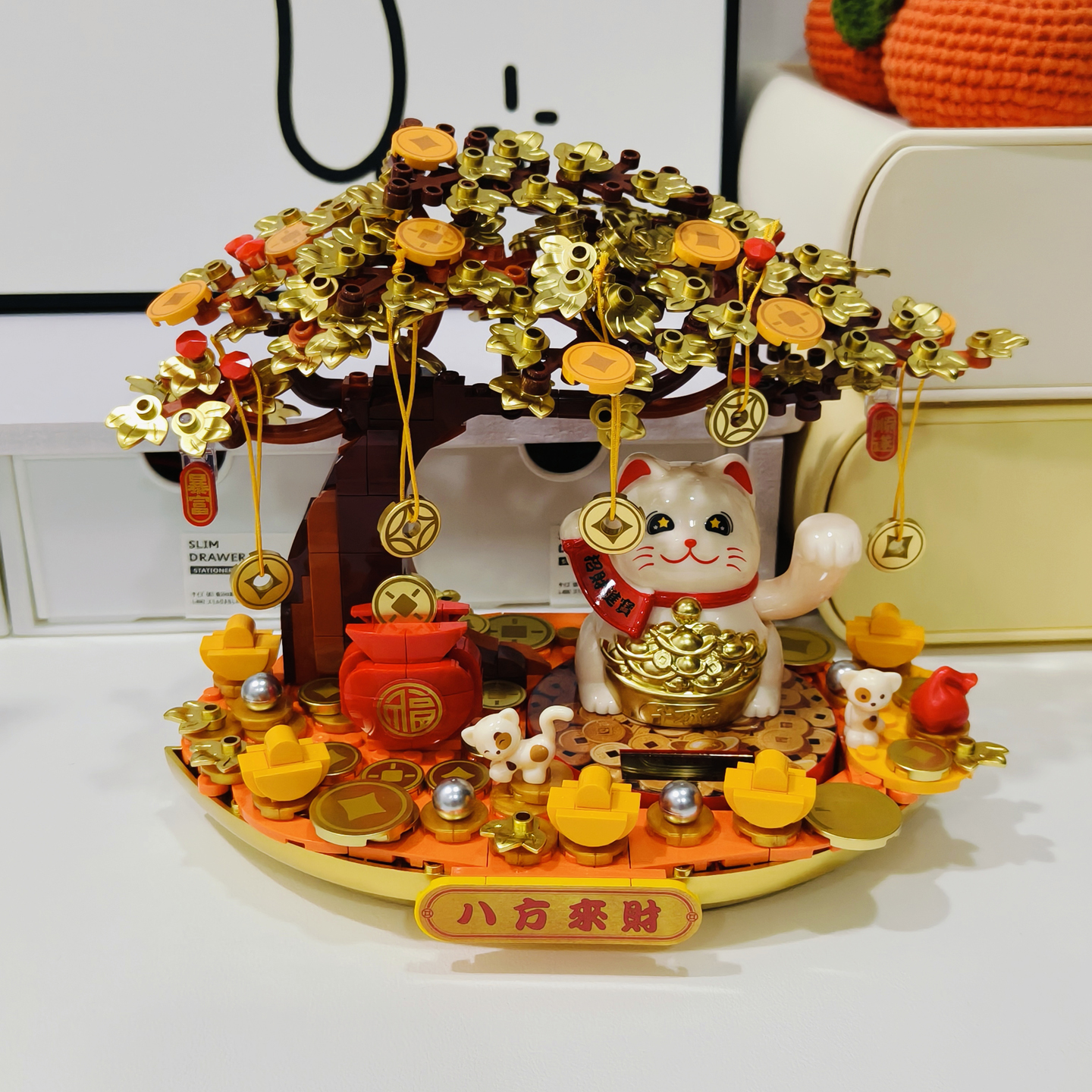 太阳能暴富招财猫小颗粒积木摆件