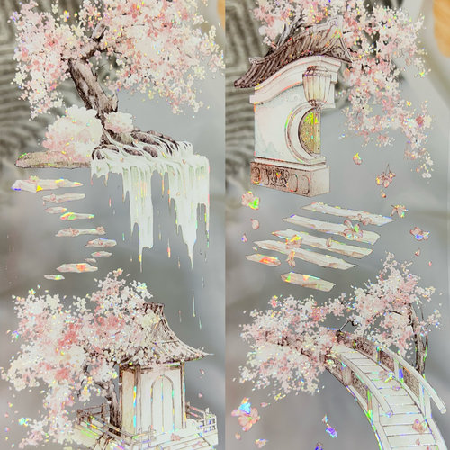 巫女分装手账胶带樱开满庭鹊桥会悬明月古风造景小物桥山水贝壳光