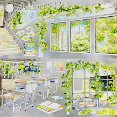 予星社分装手账胶带肆夏浪屿校园绿景流麻咕卡蓝色海浪流麻咕卡