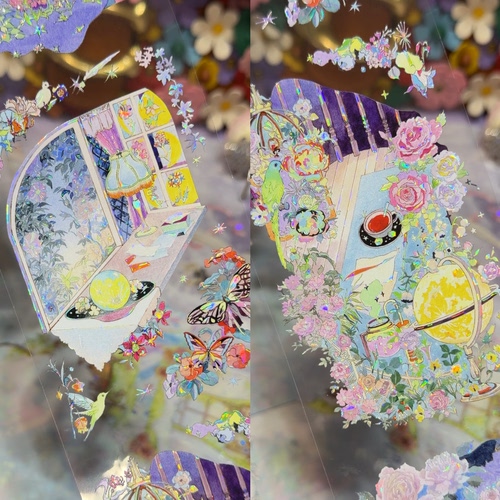 一木一横分装手账胶带眠月花房彩绘背景花房系列流麻咕卡背卡