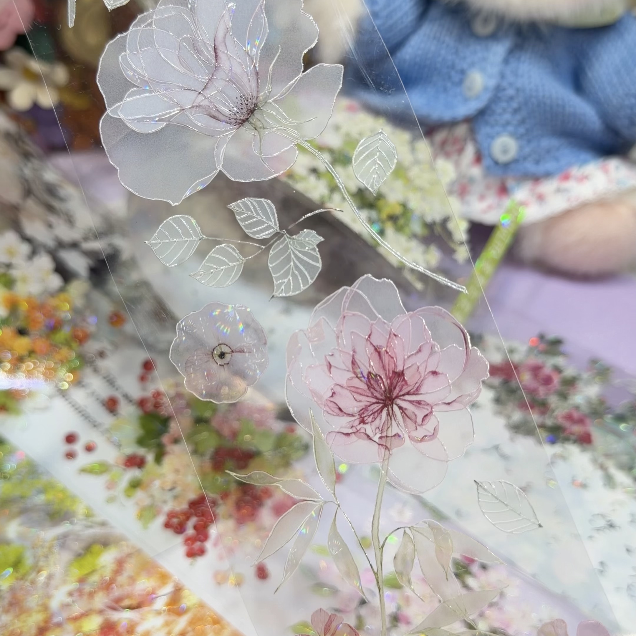 Dailylife分装手账胶带柔纱2花朵珠光透明款流麻咕卡背卡