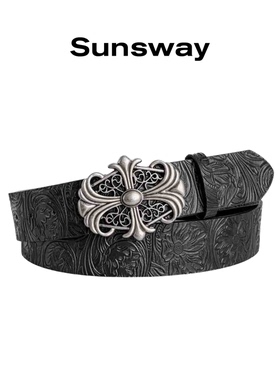 Sunsway复古风十字架扣环雕花铆钉腰带宫廷男女通用雕花百搭皮带