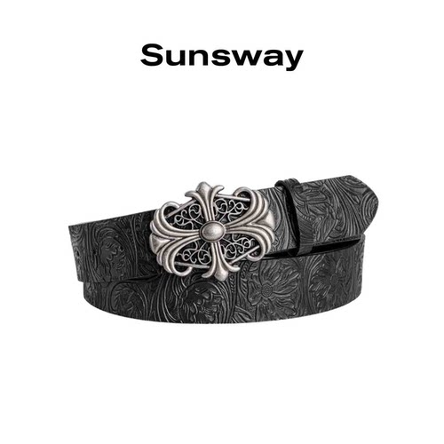 Sunsway复古风十字架小众雕花铆钉腰带男款女亚文化美式百搭皮带