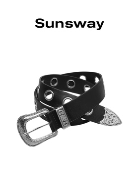 SUNSWAY复古牛仔裤雕花头y2k辣妹黑色pu皮带免打孔休闲银扣宽腰带
