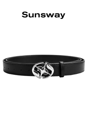 SUNSWAY复古风十字星合金扣头腰带男女百搭潮流黑色PU皮光面皮带