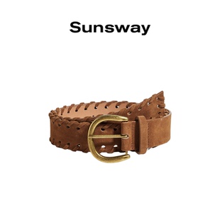 SUNSWAY原创美拉德复古棕色编织腰带丝绒小众圆扣民族风皮带男女