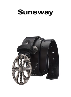 SUNSWAY复古朋克十字架铆钉皮带男女黑色金属扣头做旧腰带Y2K风