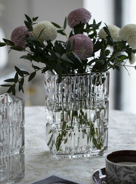 出口轻奢高级感玻璃花瓶透明卢索扁方家具装饰品摆件