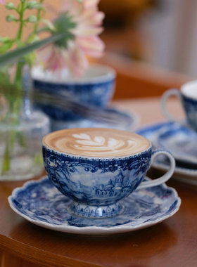 青花中古蓝色城堡釉下彩咖啡杯碟甜点盘牛排盘餐盘收藏级