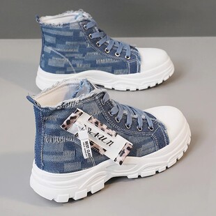 超火牛仔厚底高帮帆布鞋女2025新款春季情侣大码原创初中生板鞋子