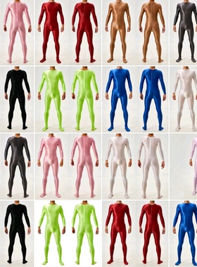 油亮光泽丝滑薄透全身连体紧身衣性感跑步瑜伽后背带拉链7079