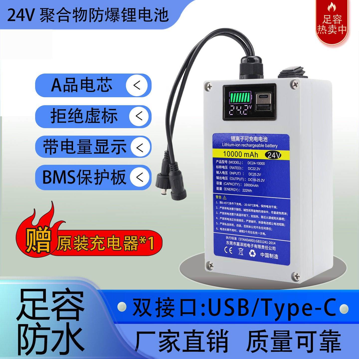 24V防水锂电池大容量USB户外移动充电电源type-c医疗