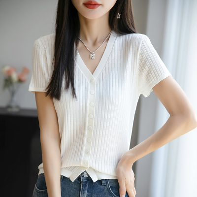 THESOONG冰丝女白色短袖开衫T恤