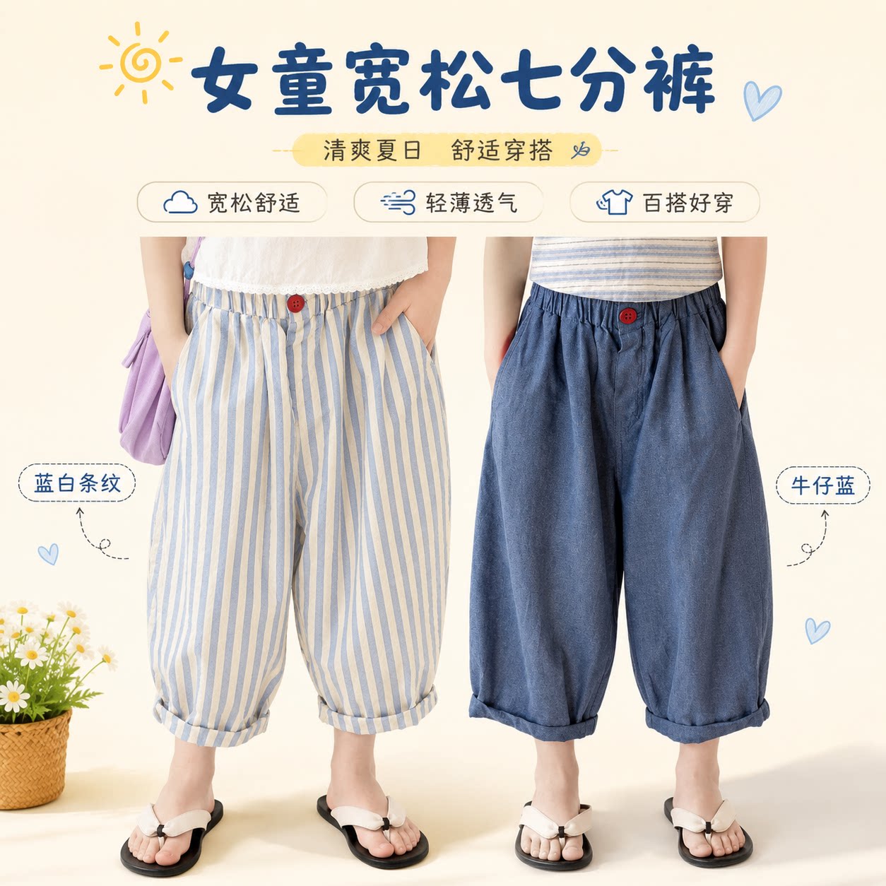 女童夏装宽松七分裤儿童薄款透气灯笼裤宝宝条纹牛仔休闲裤