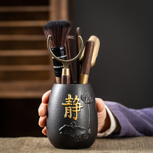 黑陶茶道六君子家用禅意泡茶工具茶桶收纳罐子实木茶夹茶刀养壶笔