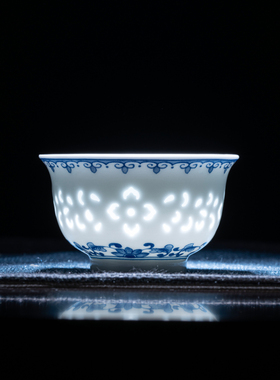 青花玲珑瓷品茗杯景德镇高端精致功夫茶杯新款高温陶瓷喝茶小茶杯