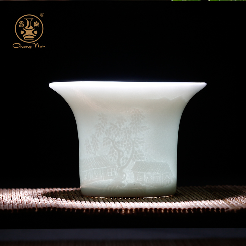 昌南雕花影青瓷品茗杯 景德镇白瓷杯个人杯主人杯子 陶瓷功夫茶杯