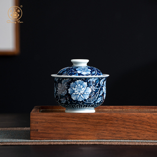 昌南景德镇青花手绘牡丹男女士个人专用单个高档泡茶碗二才盖碗