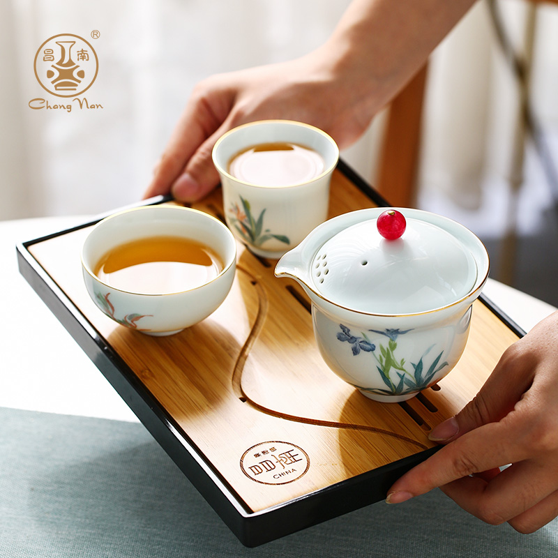昌南陶瓷景德镇影青瓷一壶二杯品茗杯盖碗户外旅行茶具套装便携式