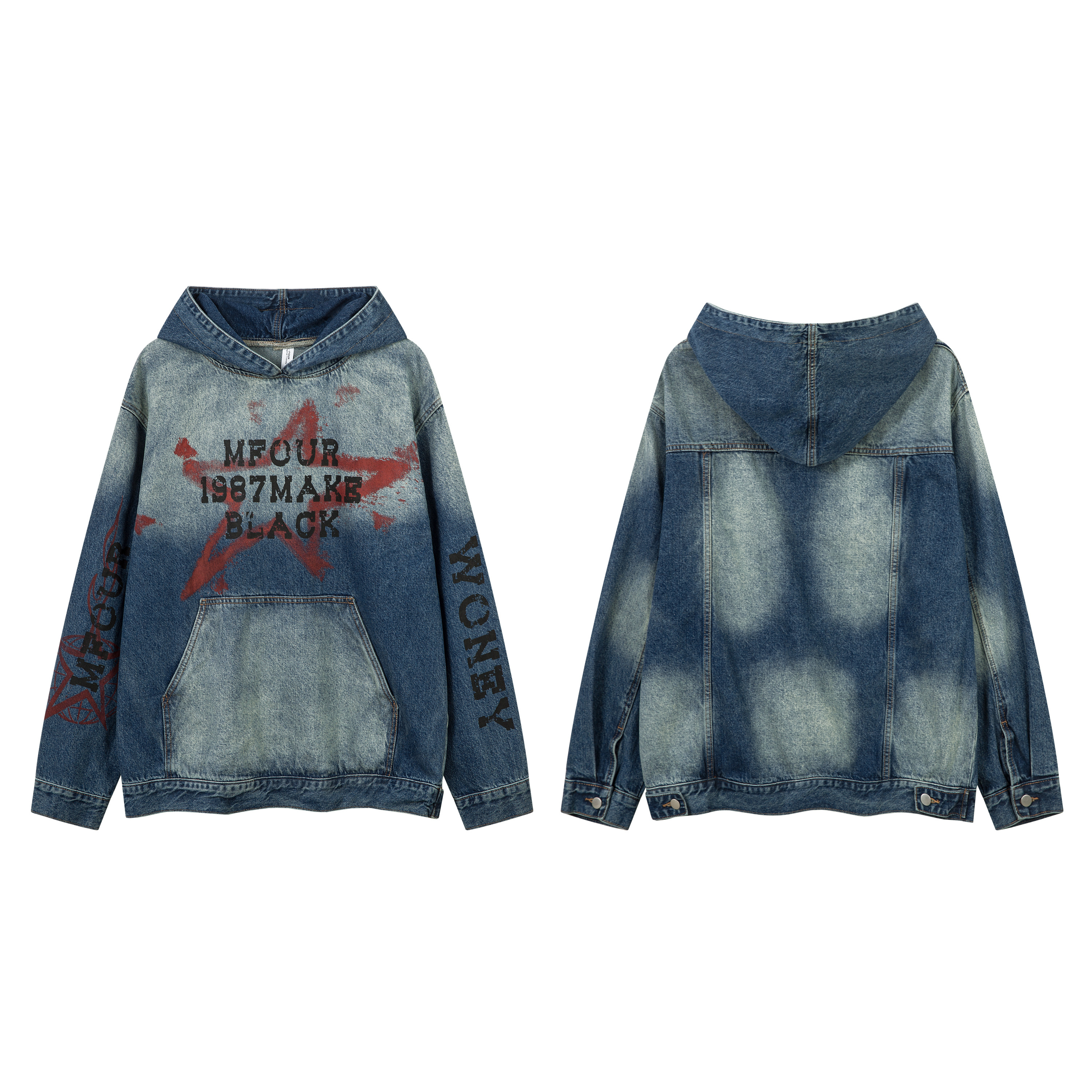 水洗做旧牛仔连帽外套