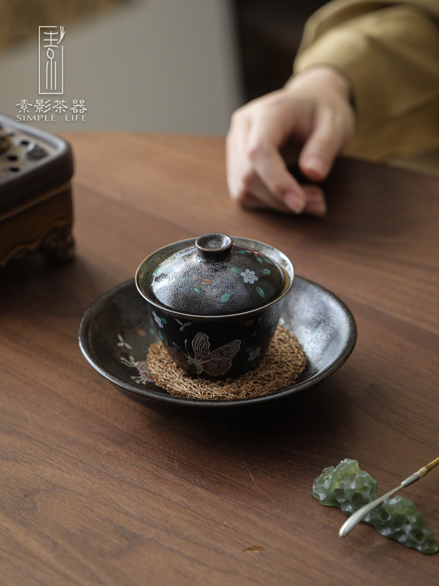 志野黑釉描银蝴蝶三才盖碗功夫茶具办公室泡茶敬茶碗覆古家用喝茶