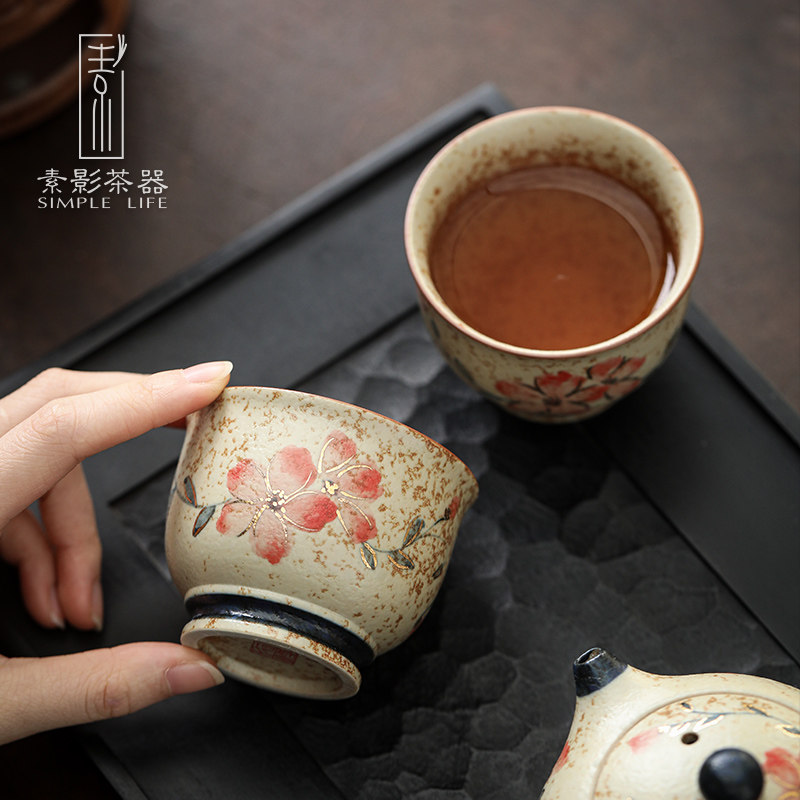 青花火石红釉下彩手绘桃花大茶杯陶瓷品茗杯中式彷古主人杯大容量