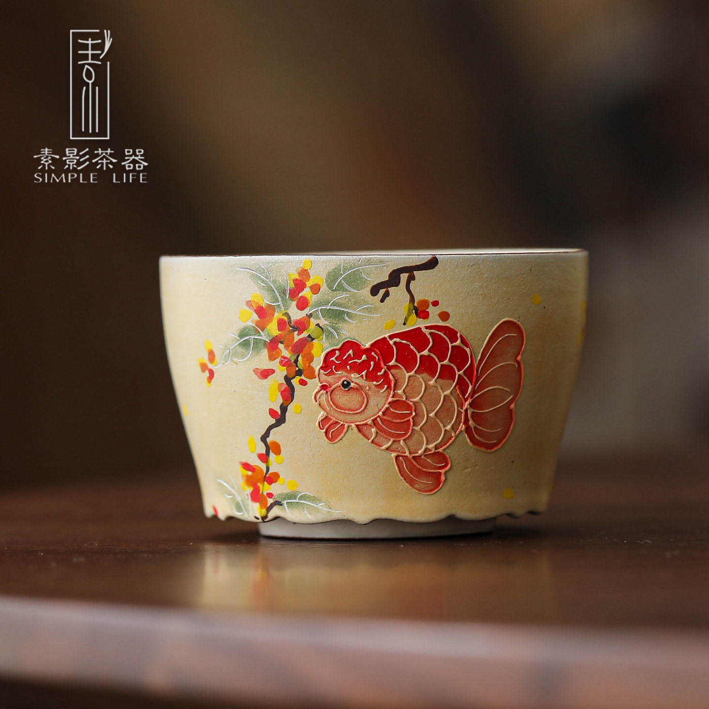 新款马年金桂福鱼茶杯 手绘粗陶主人杯 年年有鱼功夫品茗杯压手杯