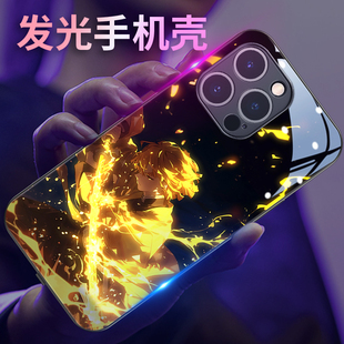 男 鬼灭之刃苹果15promax手机壳iPhone16动漫创意14pro来电发光11玻璃12适用炭治郎xr善逸8plus炫酷小众13个性
