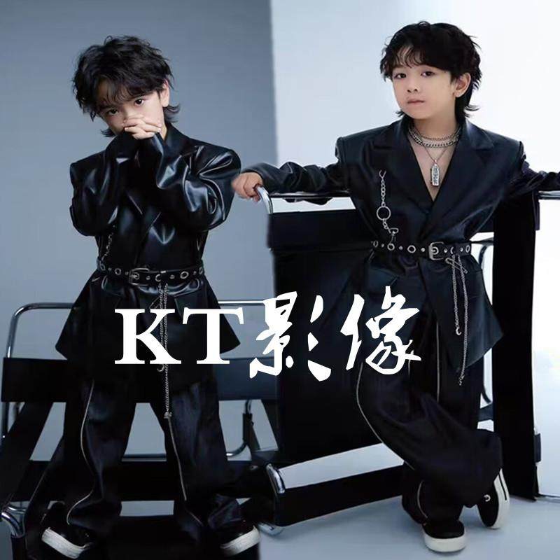 2024新款男童摄影服装皮衣机车服主题模特培训比赛夸张舞台演出服