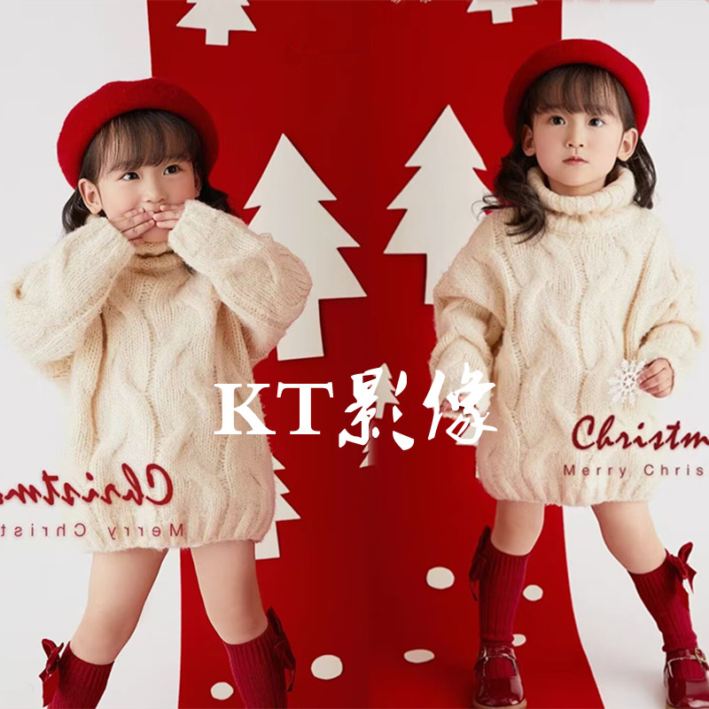 女童圣诞主题毛衣创意写真潮模卡