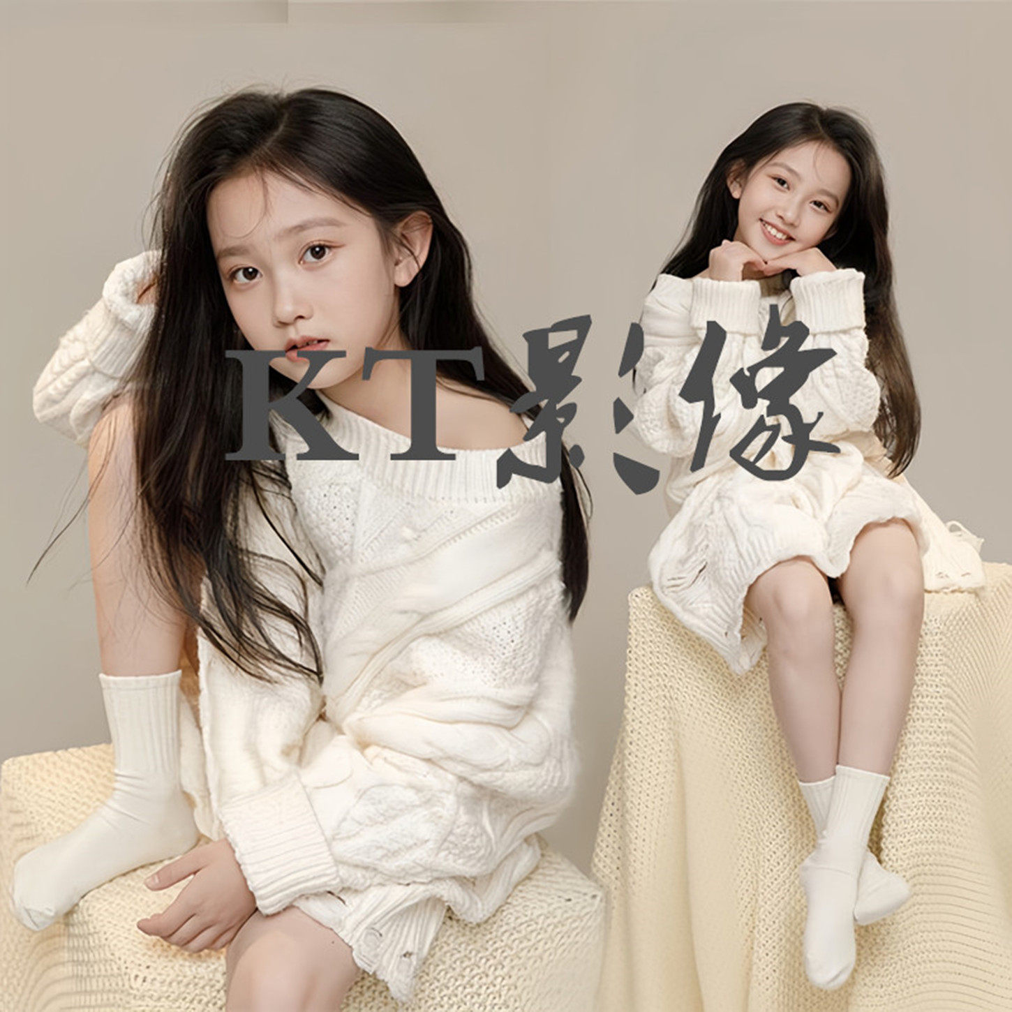 女童模特主题造型白色毛衣艺术写真影楼拍摄影儿童服装工作室潮服