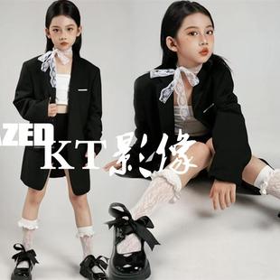 女童模卡黑色西装 摄影主题写真艺术照潮童T台走秀舞台炫酷演出服